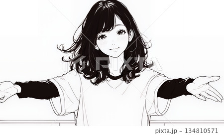 両手を広げて歓迎・驚きの仕草をしている若い女性（シンプルな色使い）