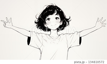 両手を広げて歓迎・驚きの仕草をしている若い女性（シンプルな色使い）