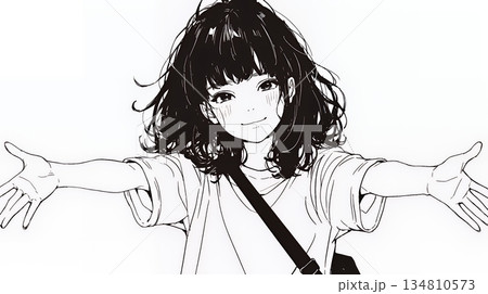 両手を広げて歓迎・驚きの仕草をしている若い女性（シンプルな色使い）