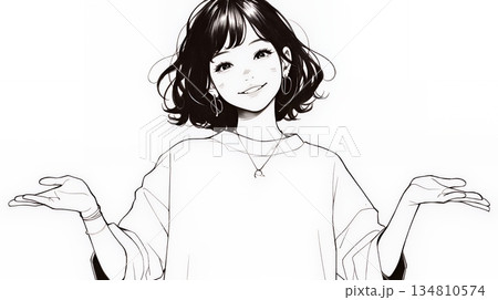 両手を広げて歓迎・驚きの仕草をしている若い女性（シンプルな色使い）