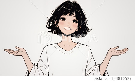 両手を広げて歓迎・驚きの仕草をしている若い女性（シンプルな色使い）