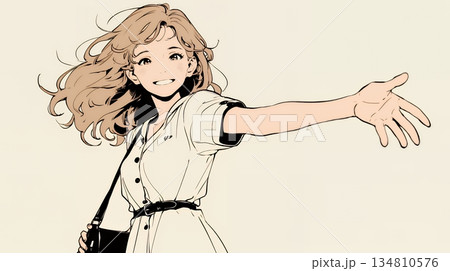 両手を広げて歓迎・驚きの仕草をしている若い女性（シンプルな色使い）