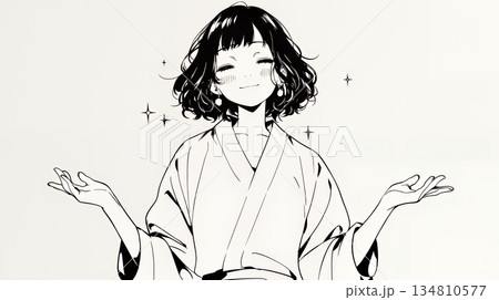 両手を広げて歓迎・驚きの仕草をしている若い女性（シンプルな色使い）