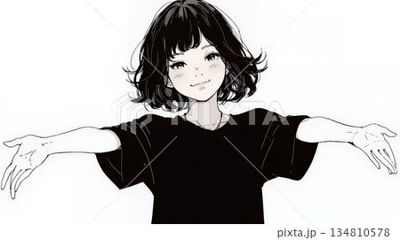 両手を広げて歓迎・驚きの仕草をしている若い女性（シンプルな色使い）