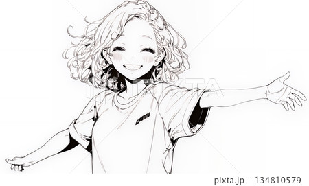 両手を広げて歓迎・驚きの仕草をしている若い女性（シンプルな色使い）