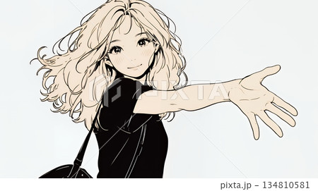 両手を広げて歓迎・驚きの仕草をしている若い女性（シンプルな色使い）