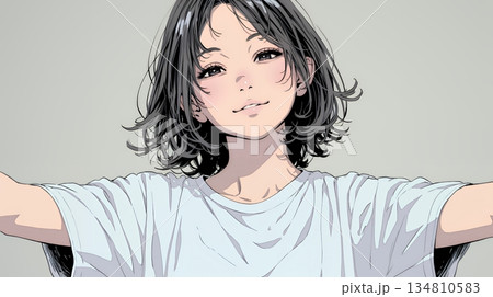 両手を広げて歓迎・驚きの仕草をしている若い女性