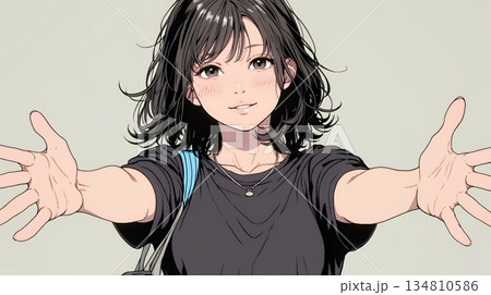 両手を広げて歓迎・驚きの仕草をしている若い女性