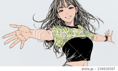 両手を広げて歓迎・驚きの仕草をしている若い女性