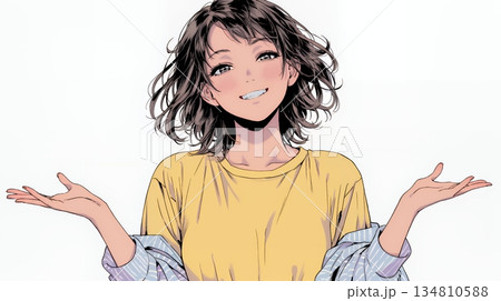 両手を広げて歓迎・驚きの仕草をしている若い女性