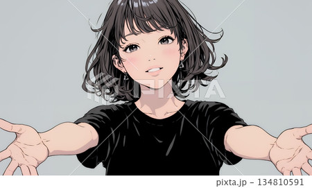 両手を広げて歓迎・驚きの仕草をしている若い女性