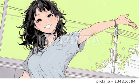 両手を広げて歓迎・驚きの仕草をしている若い女性