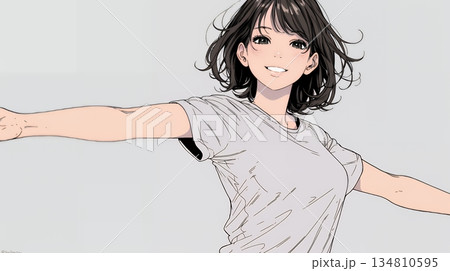 両手を広げて歓迎・驚きの仕草をしている若い女性