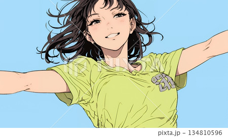 両手を広げて歓迎・驚きの仕草をしている若い女性