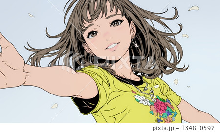 両手を広げて歓迎・驚きの仕草をしている若い女性