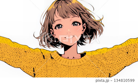 両手を広げて歓迎・驚きの仕草をしている若い女性