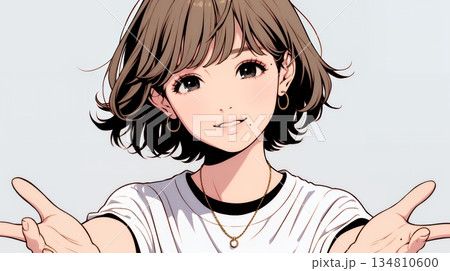 両手を広げて歓迎・驚きの仕草をしている若い女性