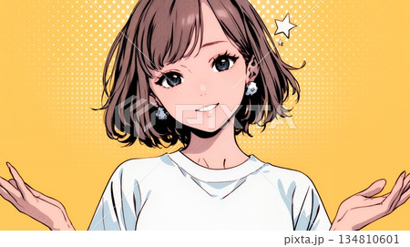 両手を広げて歓迎・驚きの仕草をしている若い女性