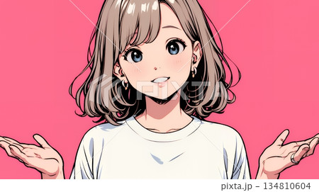 両手を広げて歓迎・驚きの仕草をしている若い女性