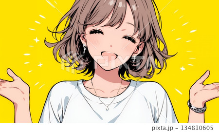 両手を広げて歓迎・驚きの仕草をしている若い女性