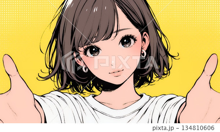 両手を広げて歓迎・驚きの仕草をしている若い女性