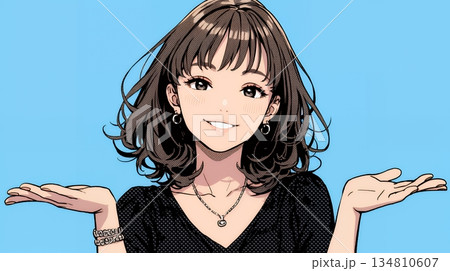 両手を広げて歓迎・驚きの仕草をしている若い女性