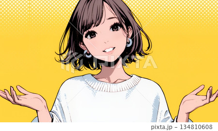 両手を広げて歓迎・驚きの仕草をしている若い女性