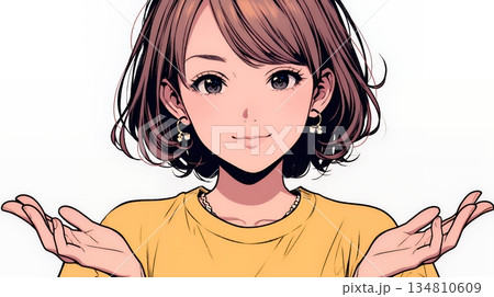 両手を広げて歓迎・驚きの仕草をしている若い女性