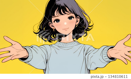 両手を広げて歓迎・驚きの仕草をしている若い女性