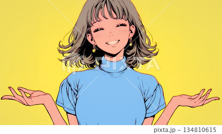 両手を広げて歓迎・驚きの仕草をしている若い女性