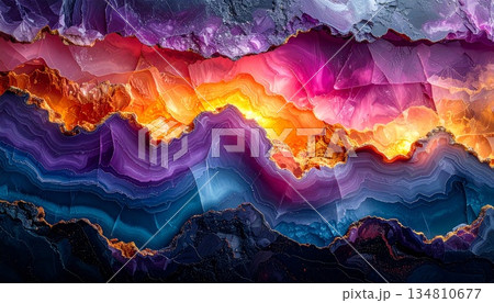 vibrant abstract image resembling a polished agate, geode slice, featuring dynamic, flowing layers of deep blue, purple, pink, orange, and yellow hues, elegant, glossy gold accents, modern texture 134810677