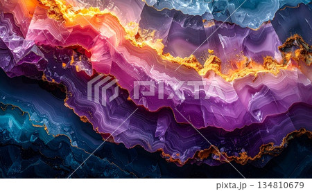 vibrant abstract image resembling a polished agate, geode slice, featuring dynamic, flowing layers of deep blue, purple, pink, orange, and yellow hues, elegant, glossy gold accents, modern texture 134810679