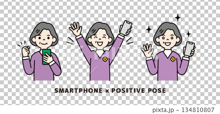 一組老年女性手持智慧型手機的正向姿勢向量插圖素材（彩色）。 134810807