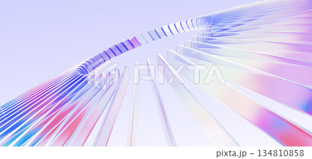 Radial glass circle lines pattern in perspective. Rainbow crystal stripe rays. Geometric circular array effect with holographic light gradient. Abstract ring on purple 3d background. 3D illustration Radial glass circle lines pattern in perspective. Rainbow crystal stripe rays. Geometric circular array effect with holographic light gradient. Abstract ring on purple 3d background. 3D illustration 134810858