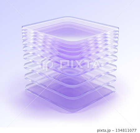 Purple glass layer cube, futuristic block 3d render icon. Infographic element for business presentation, blockchain technology, data array. Isolated box of square transparent plates. 3D illustration Purple glass layer cube, futuristic block 3d render icon. Infographic element for business presentation, blockchain technology, data array. Isolated box of square transparent plates. 3D illustration 134811077