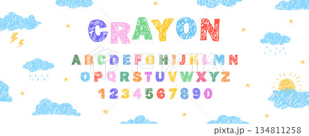 English alphabet crayon. Fun and creative typescript font. Chalk or wax texture. Vector illustration English alphabet crayon. Fun and creative typescript font. Chalk or wax texture. Vector illustration 134811258