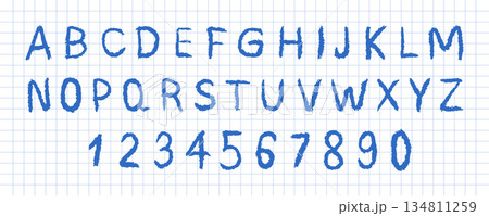 English alphabet crayon. Funky font with rough scribble details for playful look and for creative headlines or educational materials. Vector illustration English alphabet crayon. Funky font with rough scribble details for playful look and for creative headlines or educational materials. Vector illustration 134811259