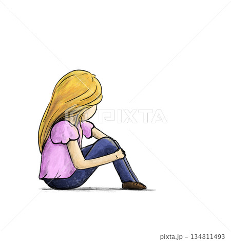 Girl sitting with her knees drawn up and looking out watercolor illustration 134811493