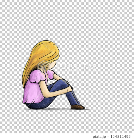 Girl sitting with her knees drawn up and looking out watercolor illustration 134811493