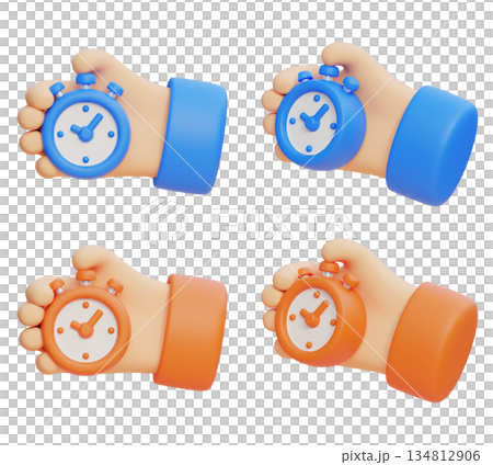 3D hand holding a cute cartoon stopwatch timer 134812906