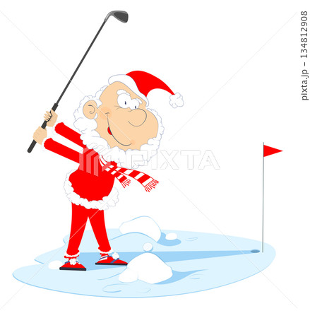 Cartoon Santa Claus on the golf course. Golf course. Cartoon Santa Claus aiming to do a good shot. Isolated on white background Cartoon Santa Claus on the golf course. Golf course. Cartoon Santa Claus aiming to do a good shot. Isolated on white background 134812908