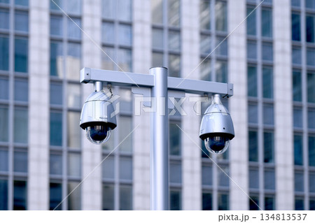 日本の東京都市景観年末…街角の防犯カメラ。東京駅（日本橋口）、バスロタリー歩道側付近の防犯カメラ 134813537