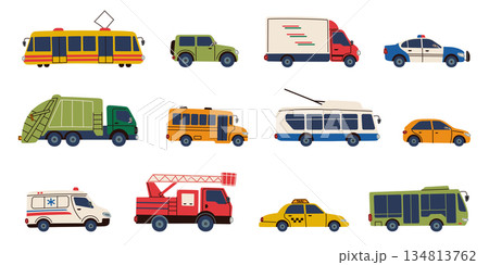 Bright cartoon doodle set of city transport for kids. Cute cars, taxi, tram, bus, trolleybus, ambulance, fire truck, police car, delivery van and garbage truck collection in a playful childlike style 134813762