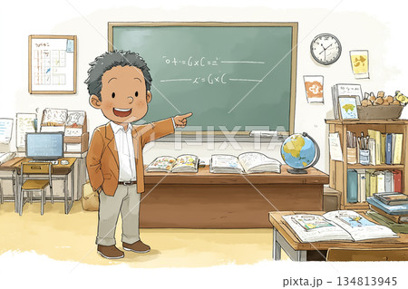 算数を教える小学校教師 明るい教室の授業風景イラスト 算数を教える小学校教師 明るい教室の授業風景イラスト 134813945