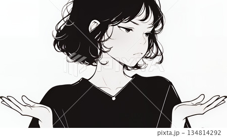 肩をすくめて困惑・諦めの仕草をしている若い女性（シンプルな色使い）