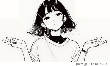 肩をすくめて困惑・諦めの仕草をしている若い女性（シンプルな色使い）