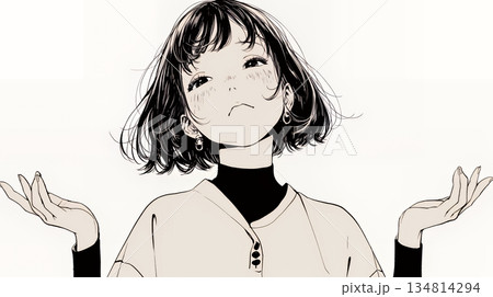 肩をすくめて困惑・諦めの仕草をしている若い女性（シンプルな色使い）