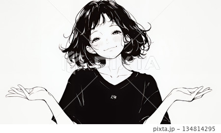 肩をすくめて困惑・諦めの仕草をしている若い女性（シンプルな色使い）