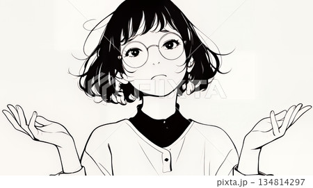 肩をすくめて困惑・諦めの仕草をしている若い女性（シンプルな色使い）