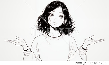 肩をすくめて困惑・諦めの仕草をしている若い女性（シンプルな色使い）